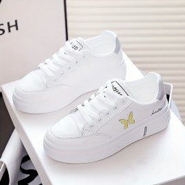 Women's Butterfly Print Casual Sneakers, Lace Up Platform Soft Sole Walking Skate Shoes, Low-top Comfort White Trainers