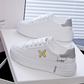 Women's Butterfly Print Casual Sneakers, Lace Up Platform Soft Sole Walking Skate Shoes, Low-top Comfort White Trainers