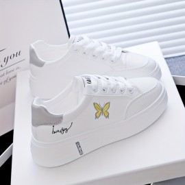 Women's Butterfly Print Casual Sneakers, Lace Up Platform Soft Sole Walking Skate Shoes, Low-top Comfort White Trainers