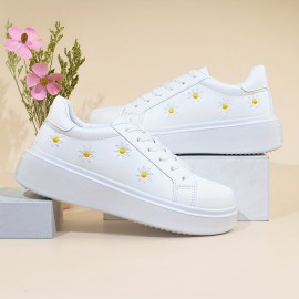 Women's Solid Color Casual Sneakers, Lace Up Soft Sole Lightweight Flat Walking Shoes, Floral Embroidered Low-top Shoes