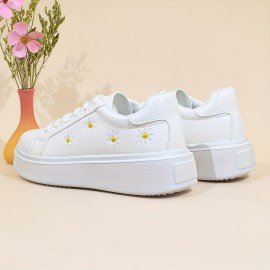 Women's Solid Color Casual Sneakers, Lace Up Soft Sole Lightweight Flat Walking Shoes, Floral Embroidered Low-top Shoes