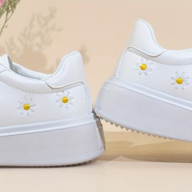 Women's Solid Color Casual Sneakers, Lace Up Soft Sole Lightweight Flat Walking Shoes, Floral Embroidered Low-top Shoes