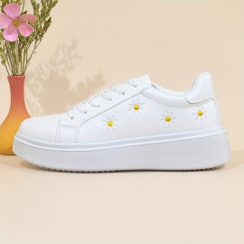 Women's Solid Color Casual Sneakers, Lace Up Soft Sole Lightweight Flat Walking Shoes, Floral Embroidered Low-top Shoes