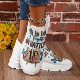 Women's Letter Print Platform Sneakers, Breathable Knit Slip On Outdoor Shoes, Comfortable Low Top Sport Shoes