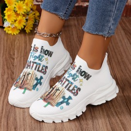 Women's Letter Print Platform Sneakers, Breathable Knit Slip On Outdoor Shoes, Comfortable Low Top Sport Shoes