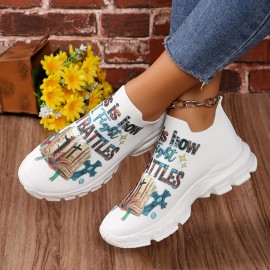 Women's Letter Print Platform Sneakers, Breathable Knit Slip On Outdoor Shoes, Comfortable Low Top Sport Shoes