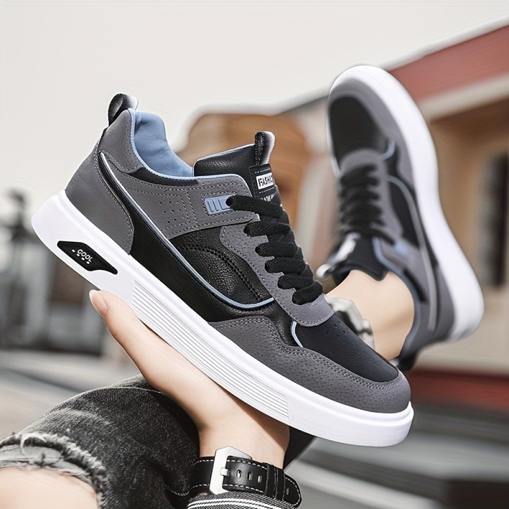 Men's Lace-up Sneakers, Skate Shoes With Good Grip, Easy To Clean PU Leather Upper