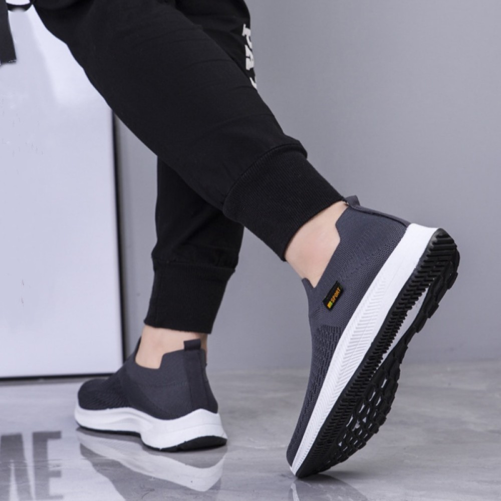 Men's Trendy Solid Sock Shoes, Breathable Woven Knit Slip On Sneakers Running Shoes For Outdoor Walking Running Camping Activities