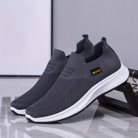 Men's Trendy Solid Sock Shoes, Breathable Woven Knit Slip On Sneakers Running Shoes For Outdoor Walking Running Camping Activities