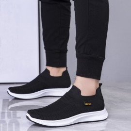 Men's Trendy Solid Sock Shoes, Breathable Woven Knit Slip On Sneakers Running Shoes For Outdoor Walking Running Camping Activities