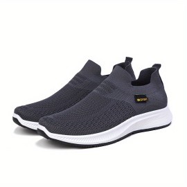 Men's Trendy Solid Sock Shoes, Breathable Woven Knit Slip On Sneakers Running Shoes For Outdoor Walking Running Camping Activities