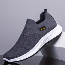 Men's Trendy Solid Sock Shoes, Breathable Woven Knit Slip On Sneakers Running Shoes For Outdoor Walking Running Camping Activities