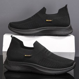 Men's Trendy Solid Sock Shoes, Breathable Woven Knit Slip On Sneakers Running Shoes For Outdoor Walking Running Camping Activities