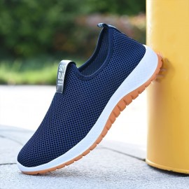 Men's Trendy Solid Colour Woven Knit Breathable Slip On Walking Shoes, Comfy Non Slip Durable Rubber Sole Sneakers For Men's Outdoor Activities