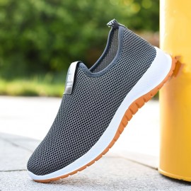 Men's Trendy Solid Colour Woven Knit Breathable Slip On Walking Shoes, Comfy Non Slip Durable Rubber Sole Sneakers For Men's Outdoor Activities