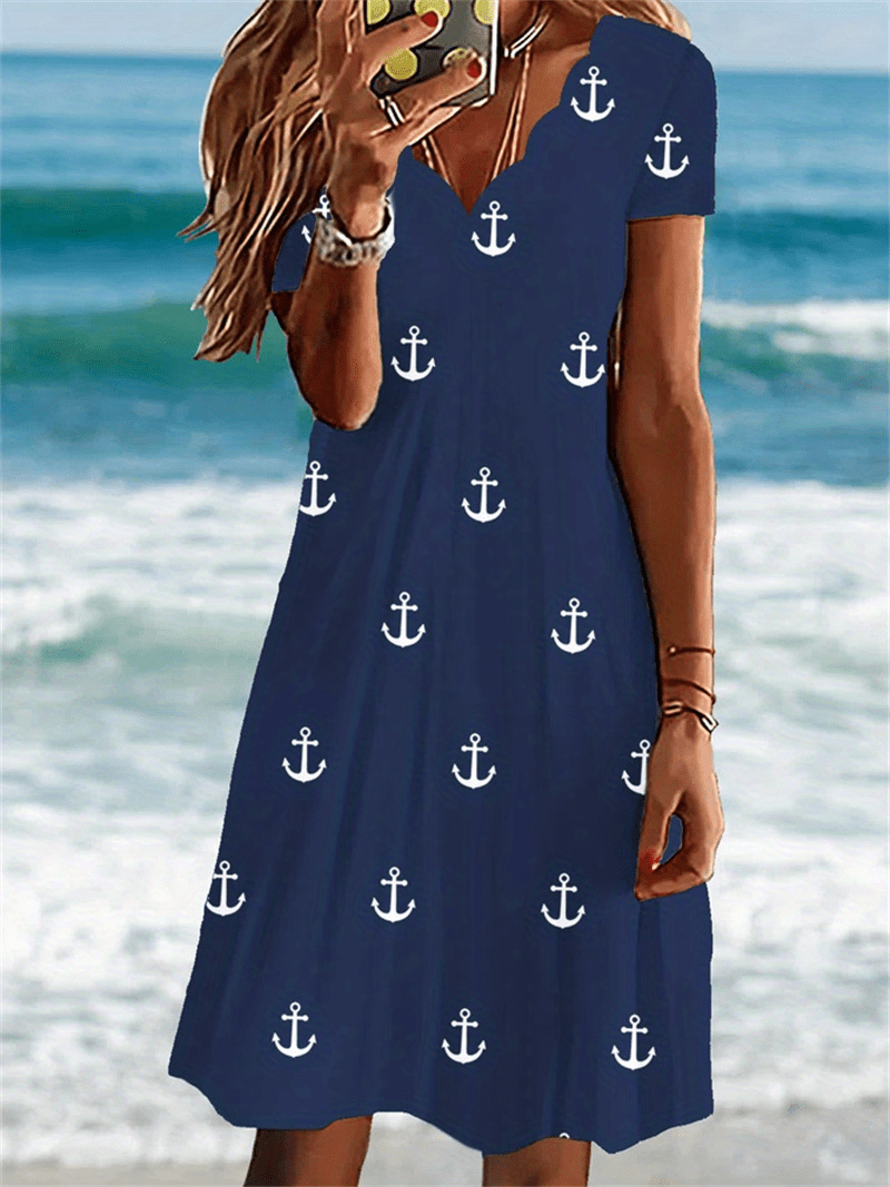 plus size casual dress womens plus anchor print floral trim short sleeve v neck dress details 0