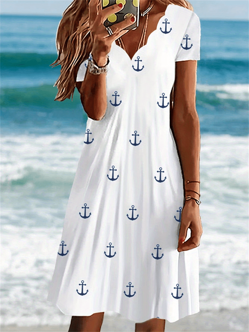 plus size casual dress womens plus anchor print floral trim short sleeve v neck dress details 1