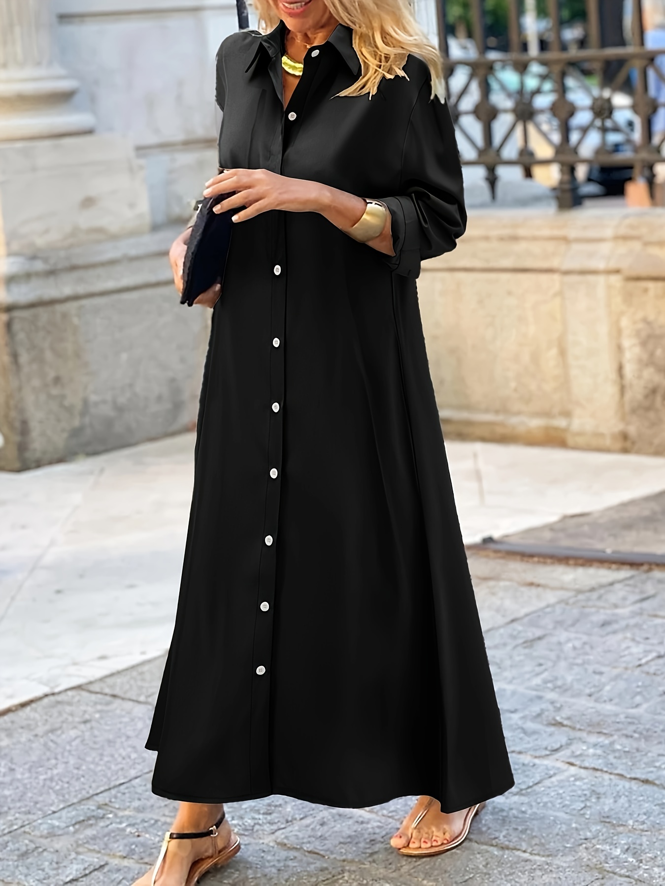 plus size button front solid dress casual   collar long sleeve dress womens plus size clothing details 9