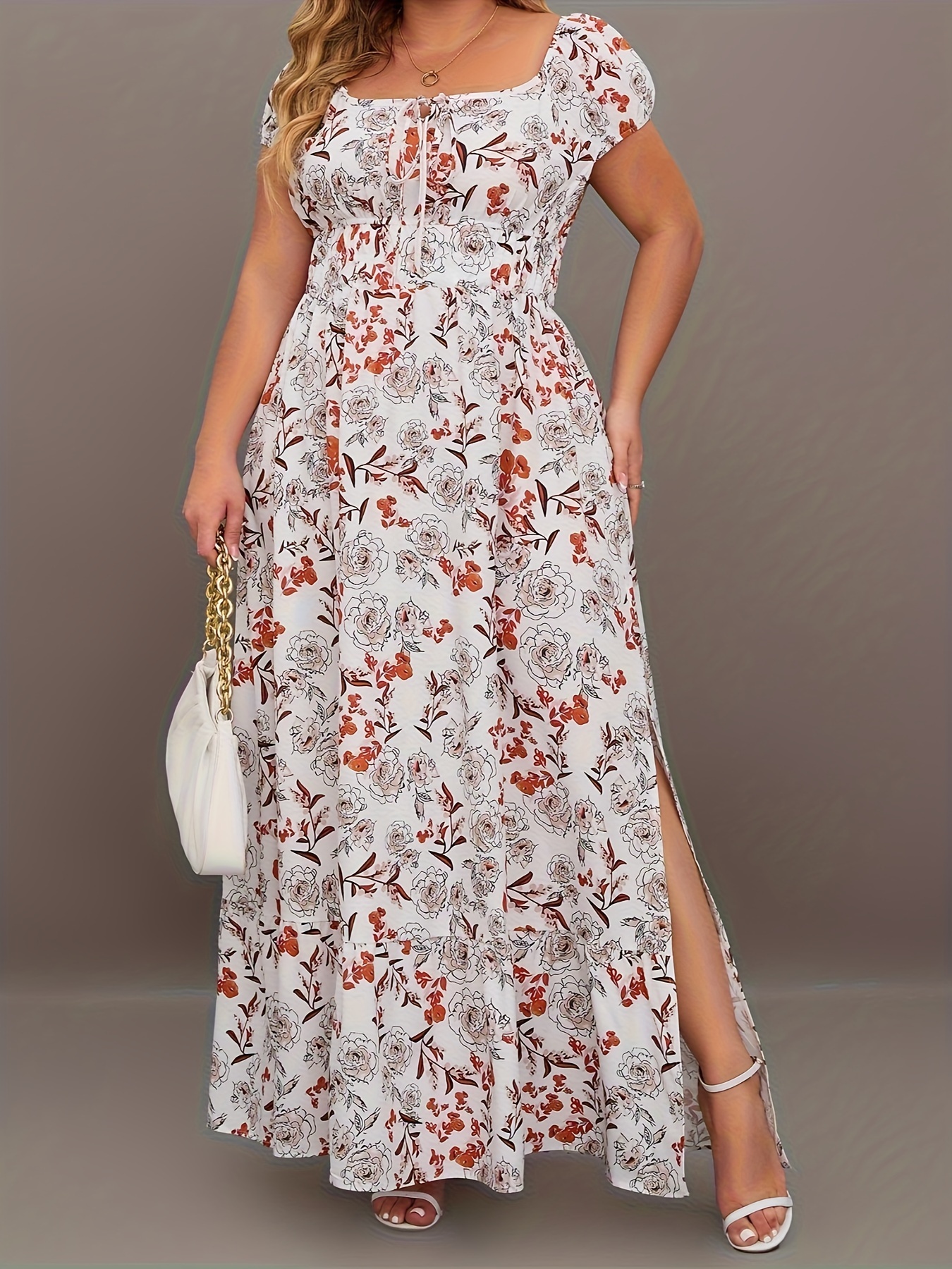 plus size elegant dress womens plus floral print puff sleeve tie front square neck side split maxi dress details 1