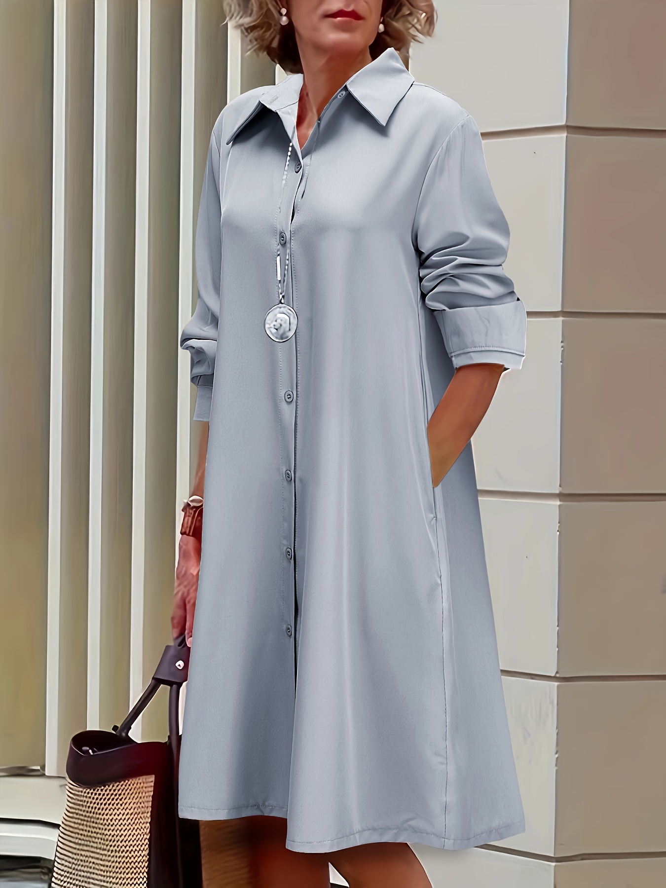 plus size casual dress womens plus solid button up long sleeve turn down collar shirt dress details 0