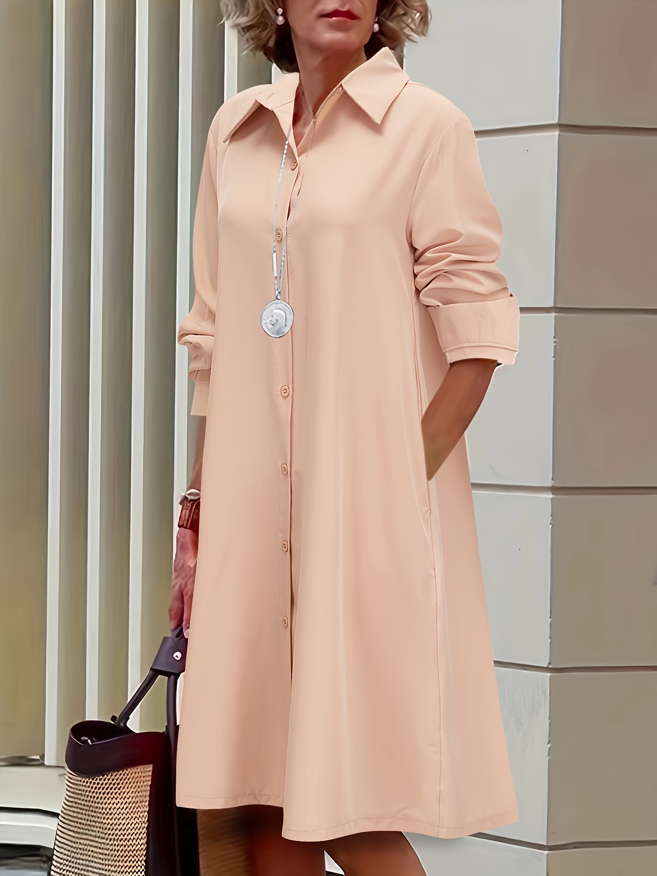 plus size casual dress womens plus solid button up long sleeve turn down collar shirt dress details 4