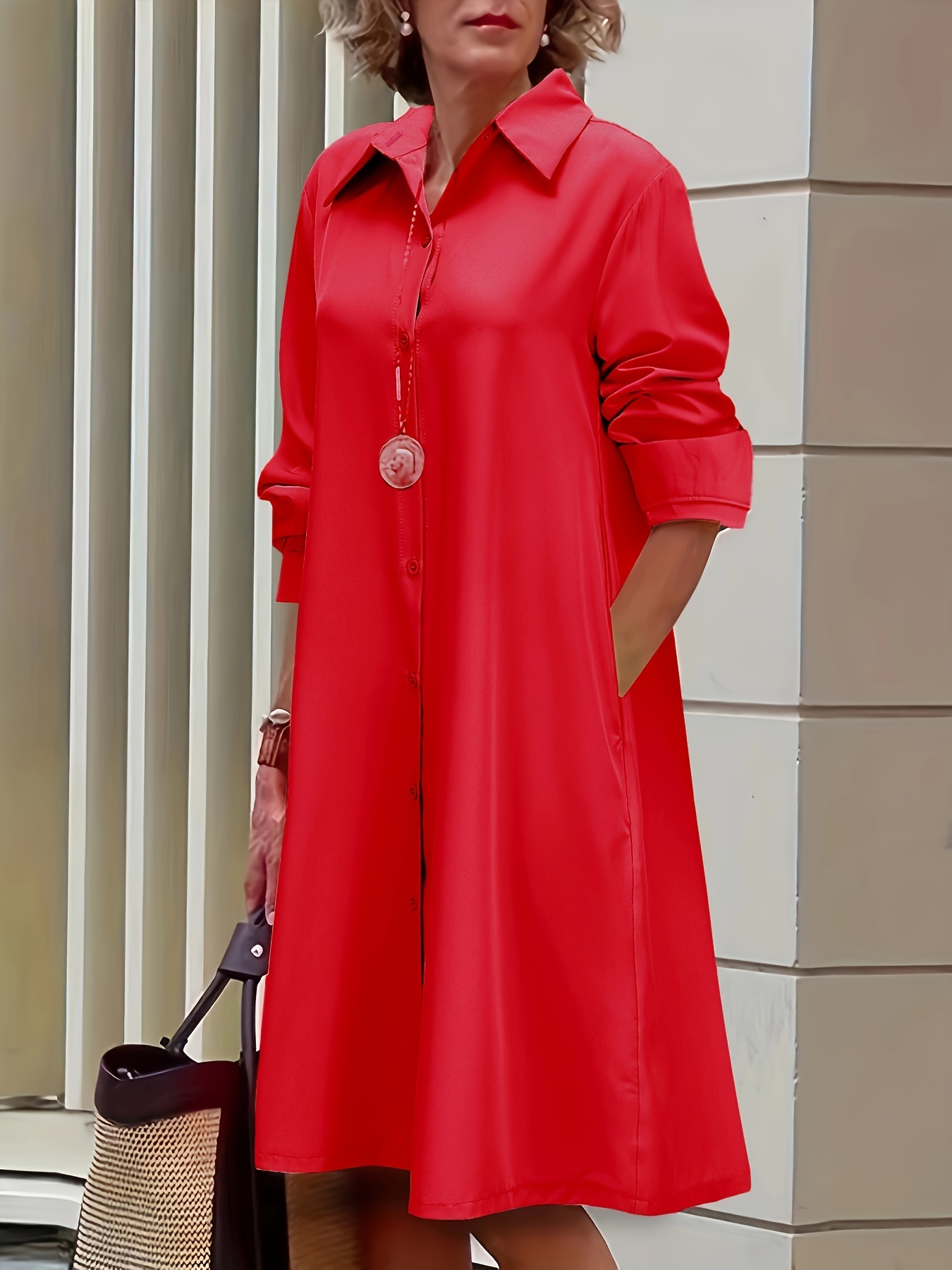 plus size casual dress womens plus solid button up long sleeve turn down collar shirt dress details 13