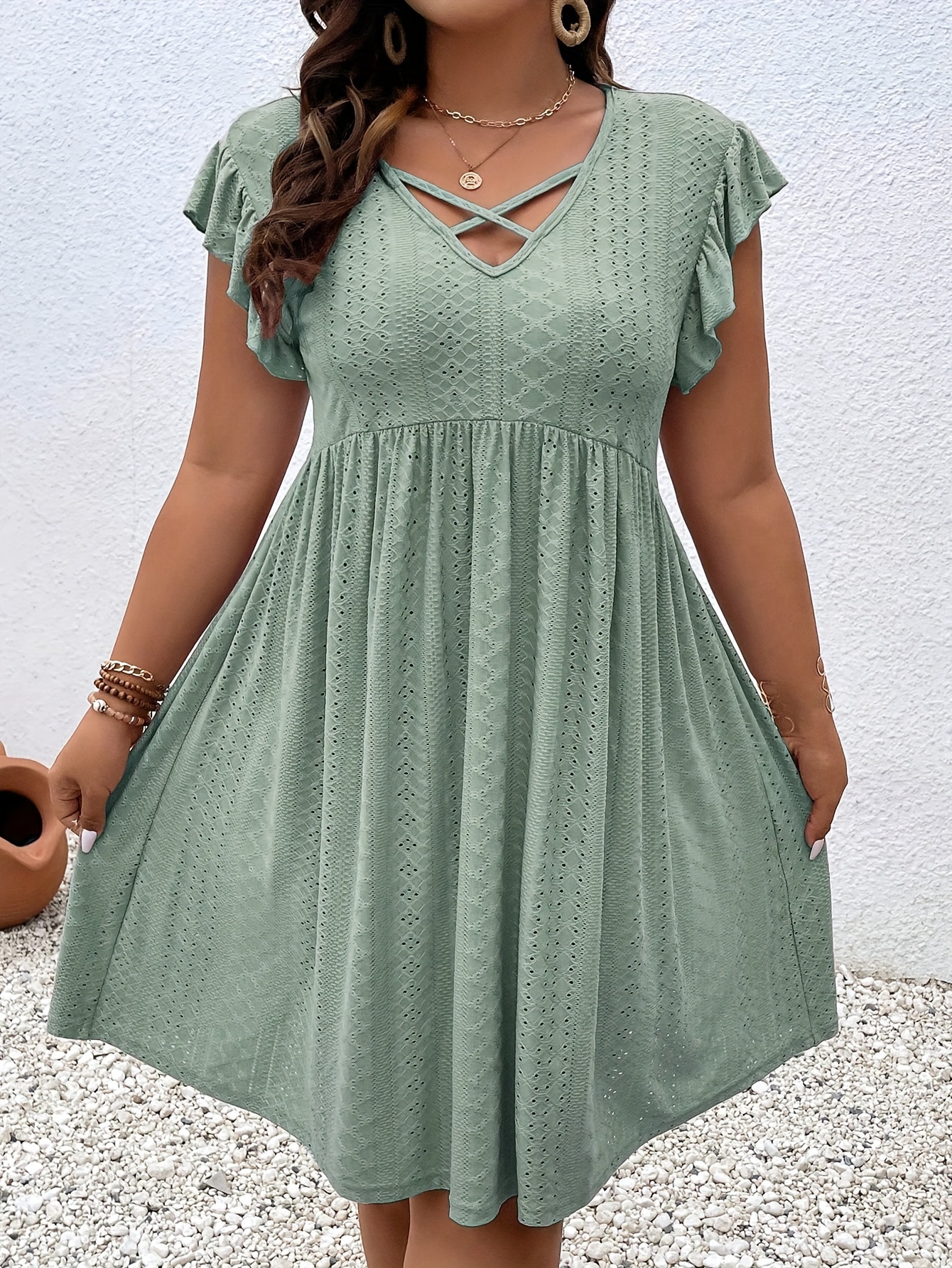 plus size jacquard cross front dress casual eyelet ruffle sleeve dress womens plus size clothing details 0