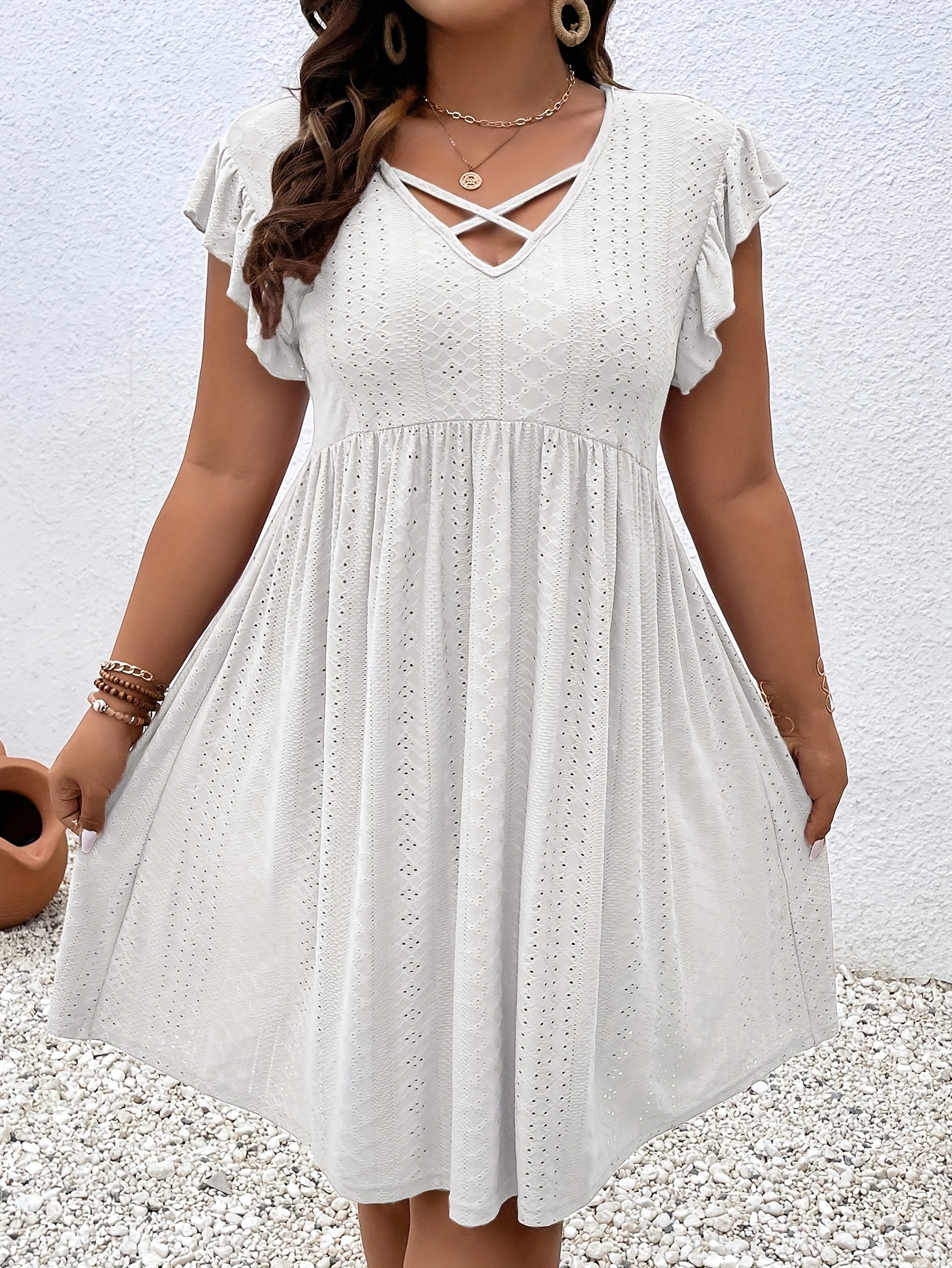 plus size jacquard cross front dress casual eyelet ruffle sleeve dress womens plus size clothing details 5