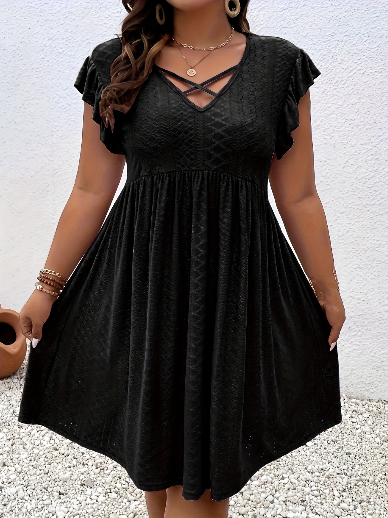 plus size jacquard cross front dress casual eyelet ruffle sleeve dress womens plus size clothing details 10