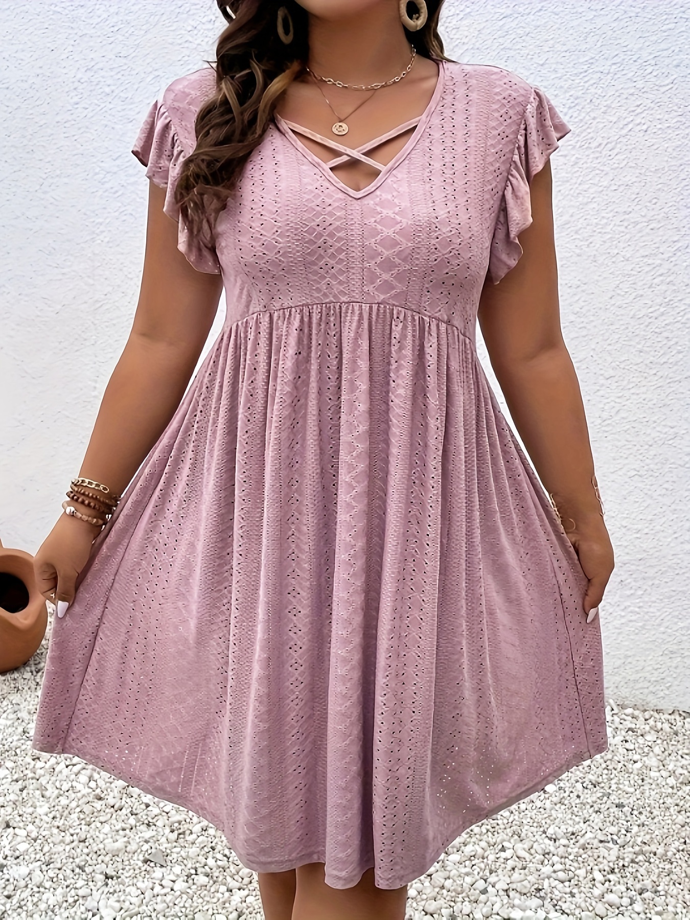 plus size jacquard cross front dress casual eyelet ruffle sleeve dress womens plus size clothing details 16