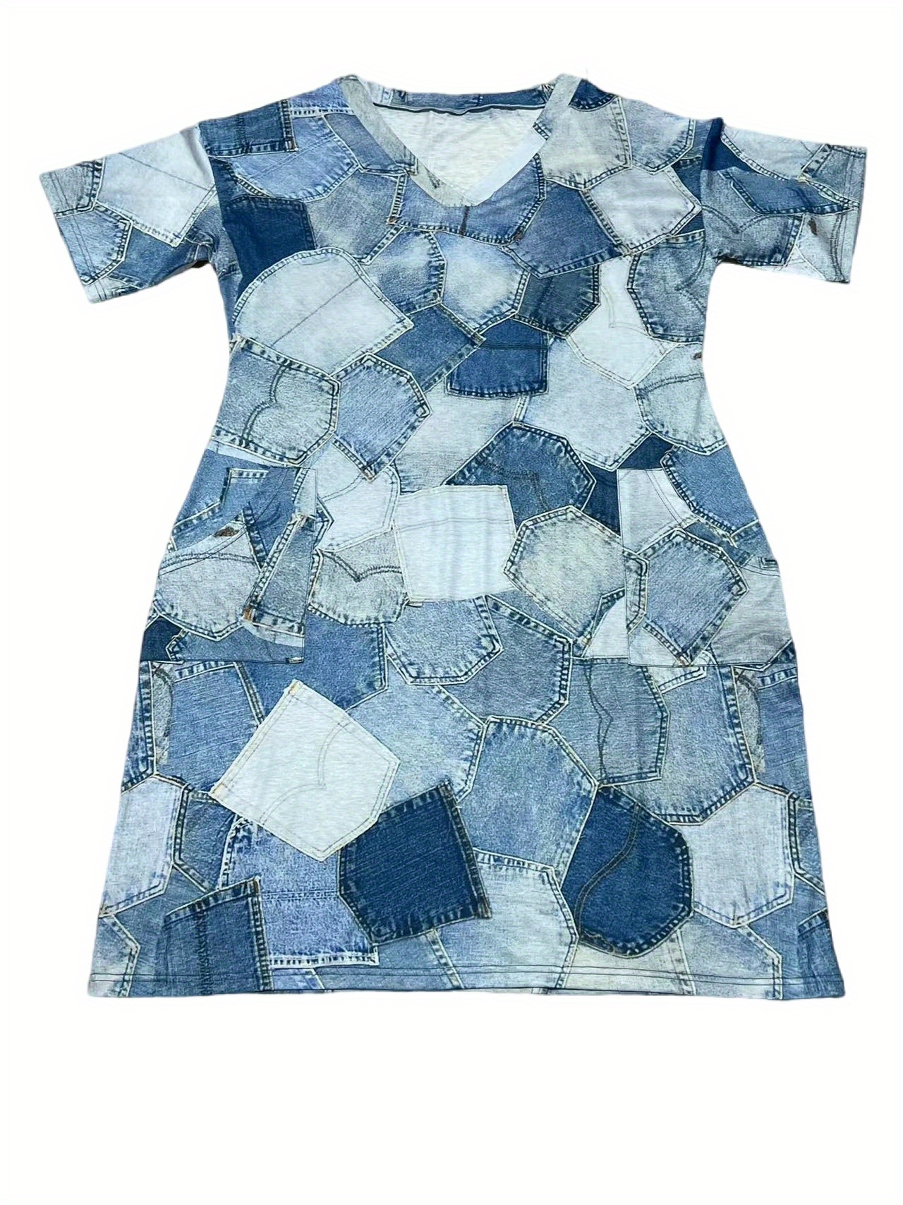 plus size casual dress womens plus denim print short sleeve v neck slight stretch dress with pockets details 0