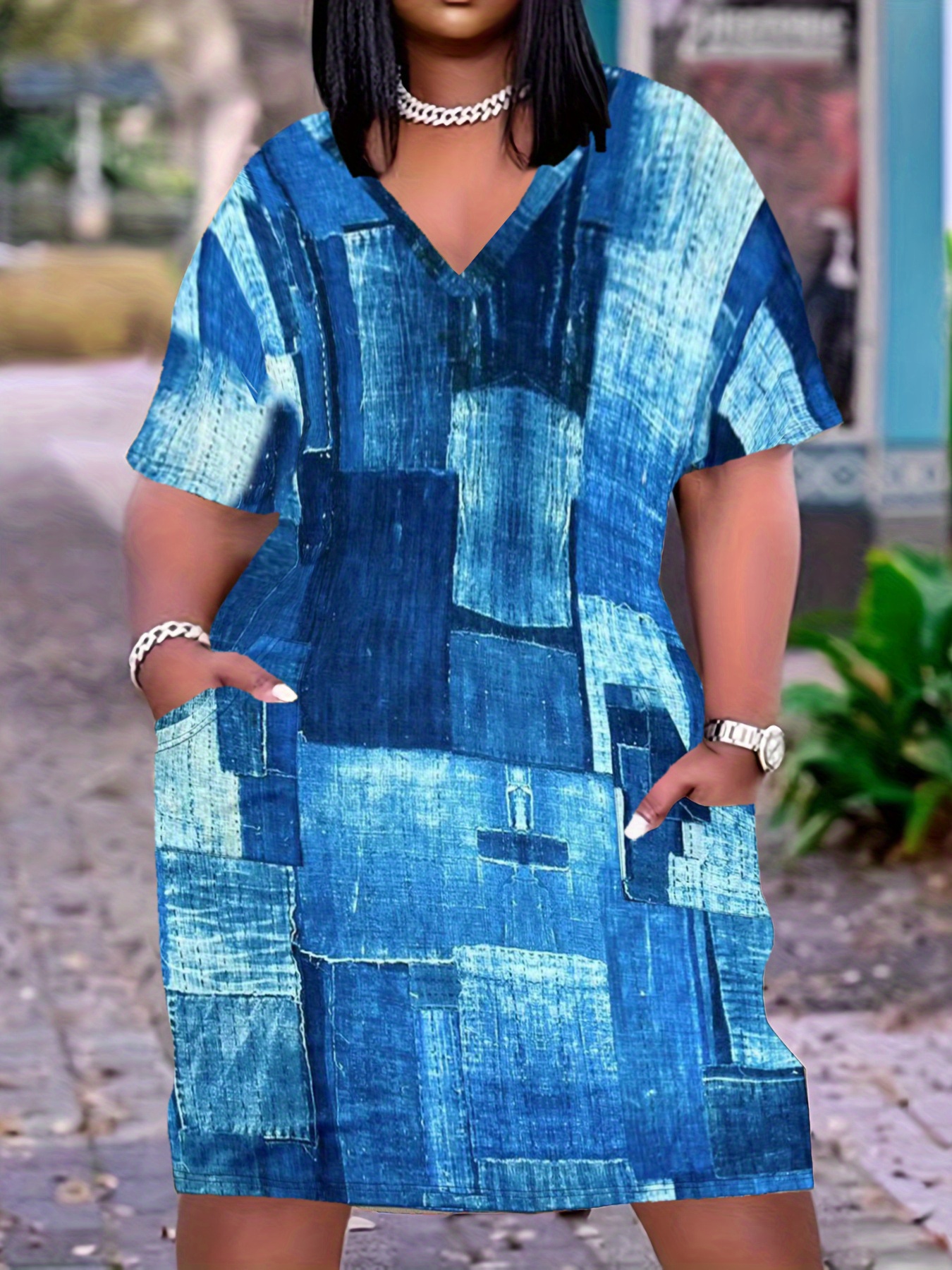 plus size casual dress womens plus denim print short sleeve v neck slight stretch dress with pockets details 2