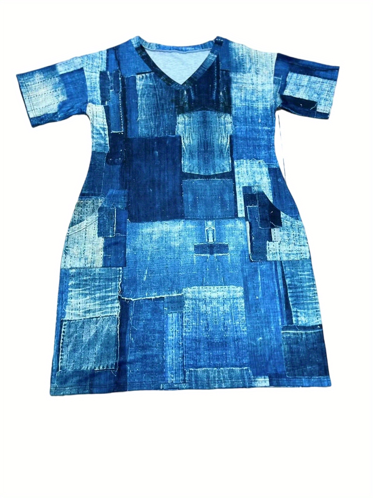 plus size casual dress womens plus denim print short sleeve v neck slight stretch dress with pockets details 3