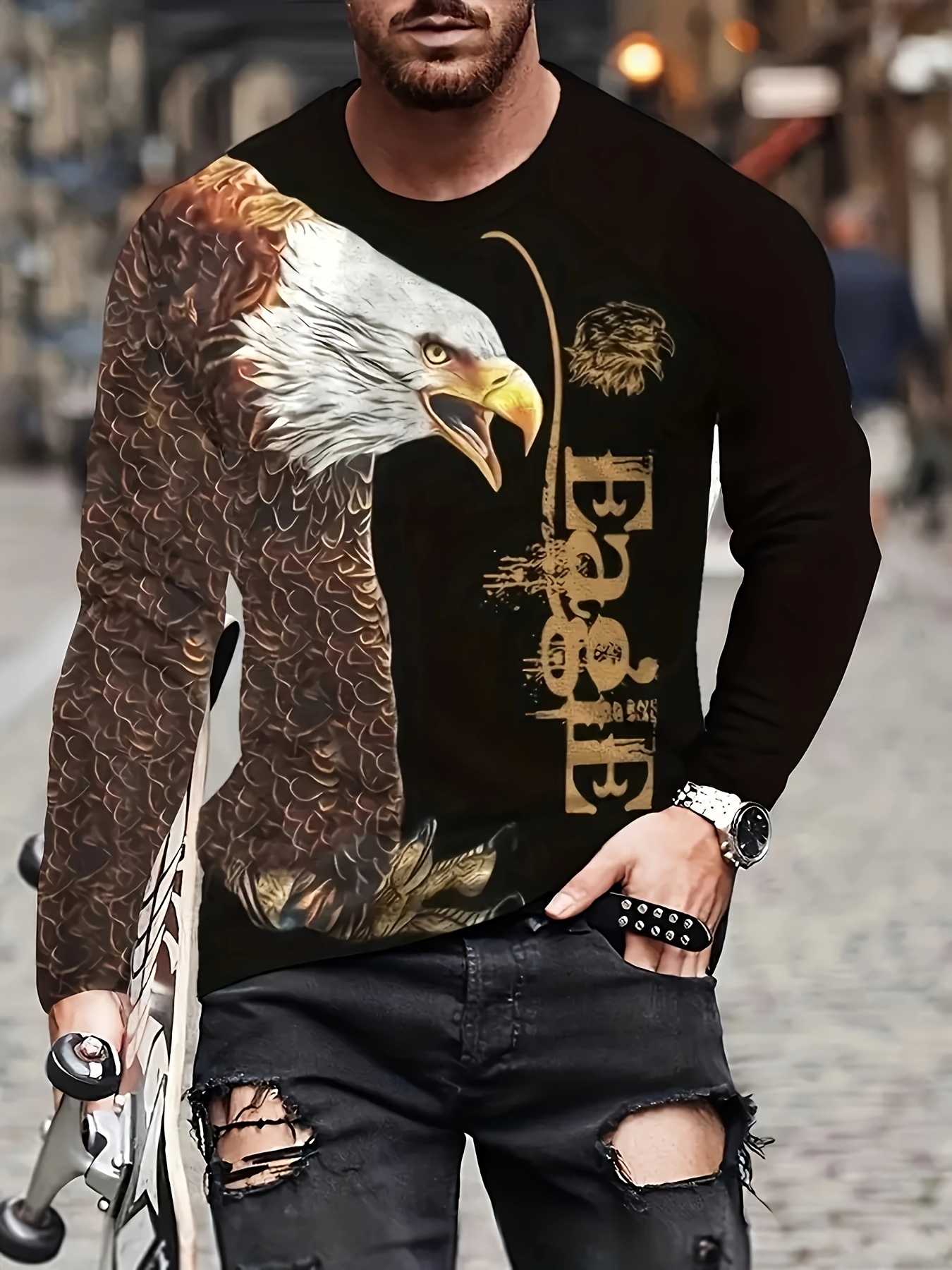 unique eagle pattern print mens graphic design crew neck active t shirt casual comfy long sleeve tshirts mens clothing tops for daily gym workout running details 0