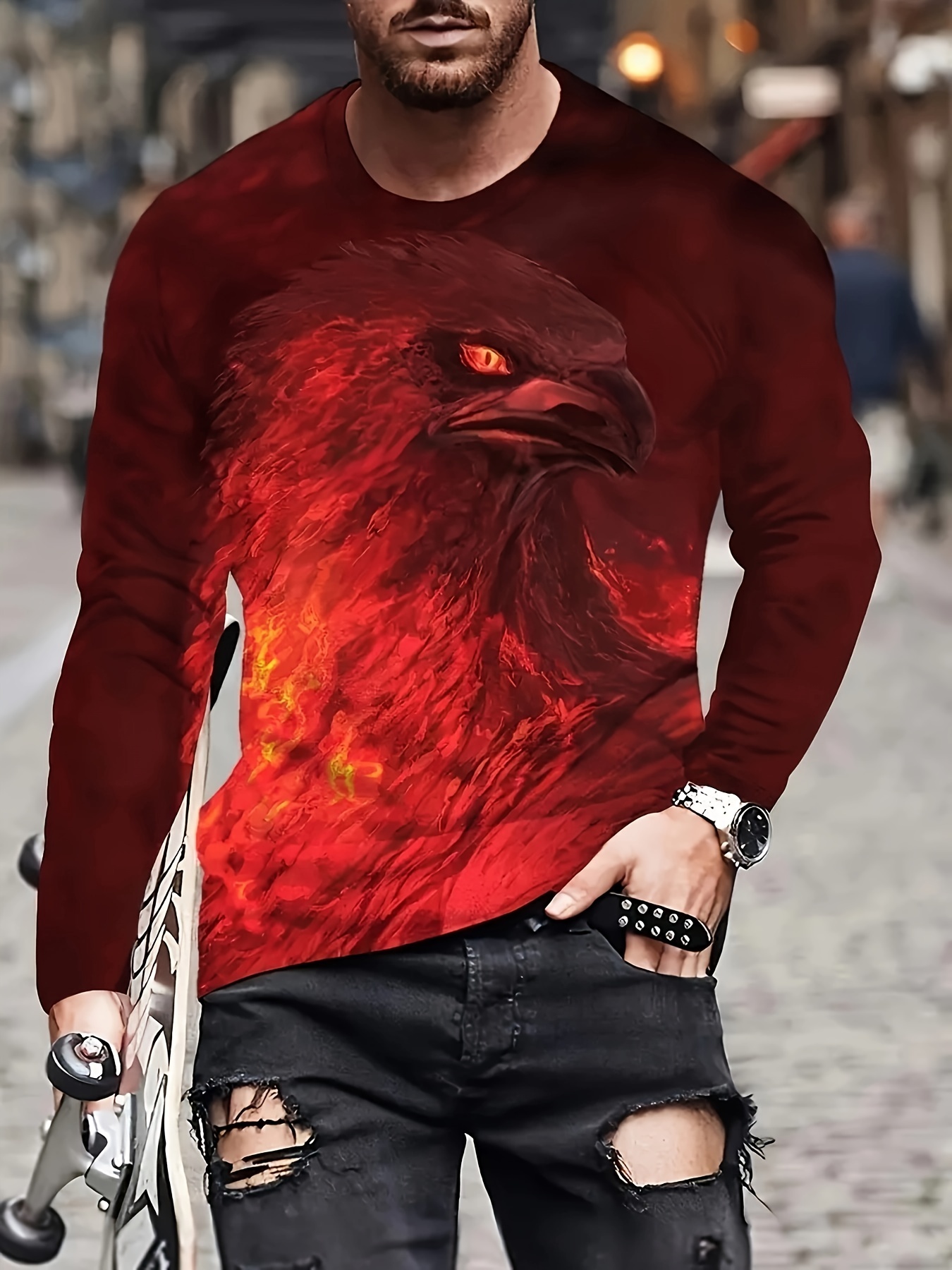 unique eagle pattern print mens graphic design crew neck active t shirt casual comfy long sleeve tshirts mens clothing tops for daily gym workout running details 3