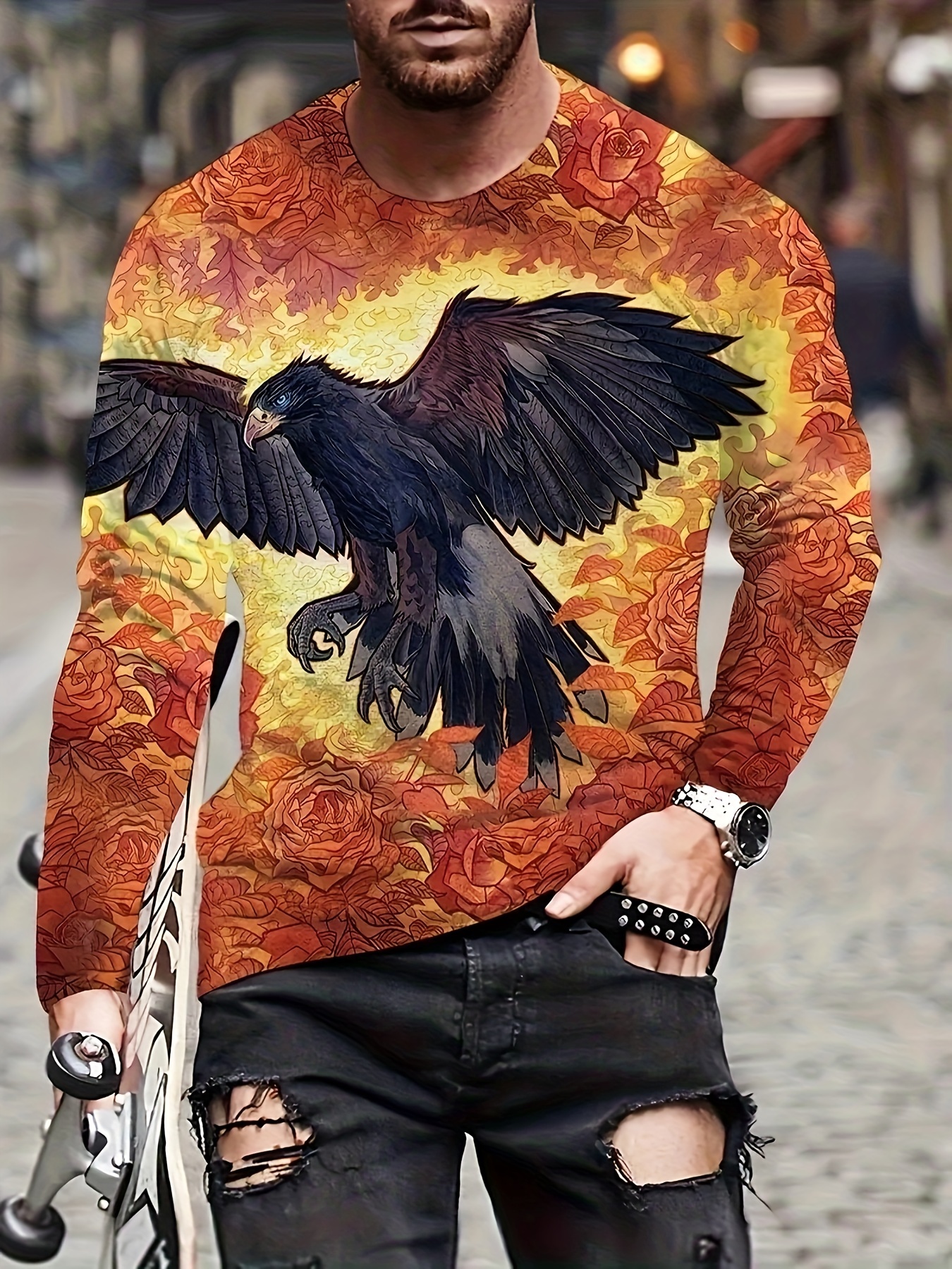 unique eagle pattern print mens graphic design crew neck active t shirt casual comfy long sleeve tshirts mens clothing tops for daily gym workout running details 6