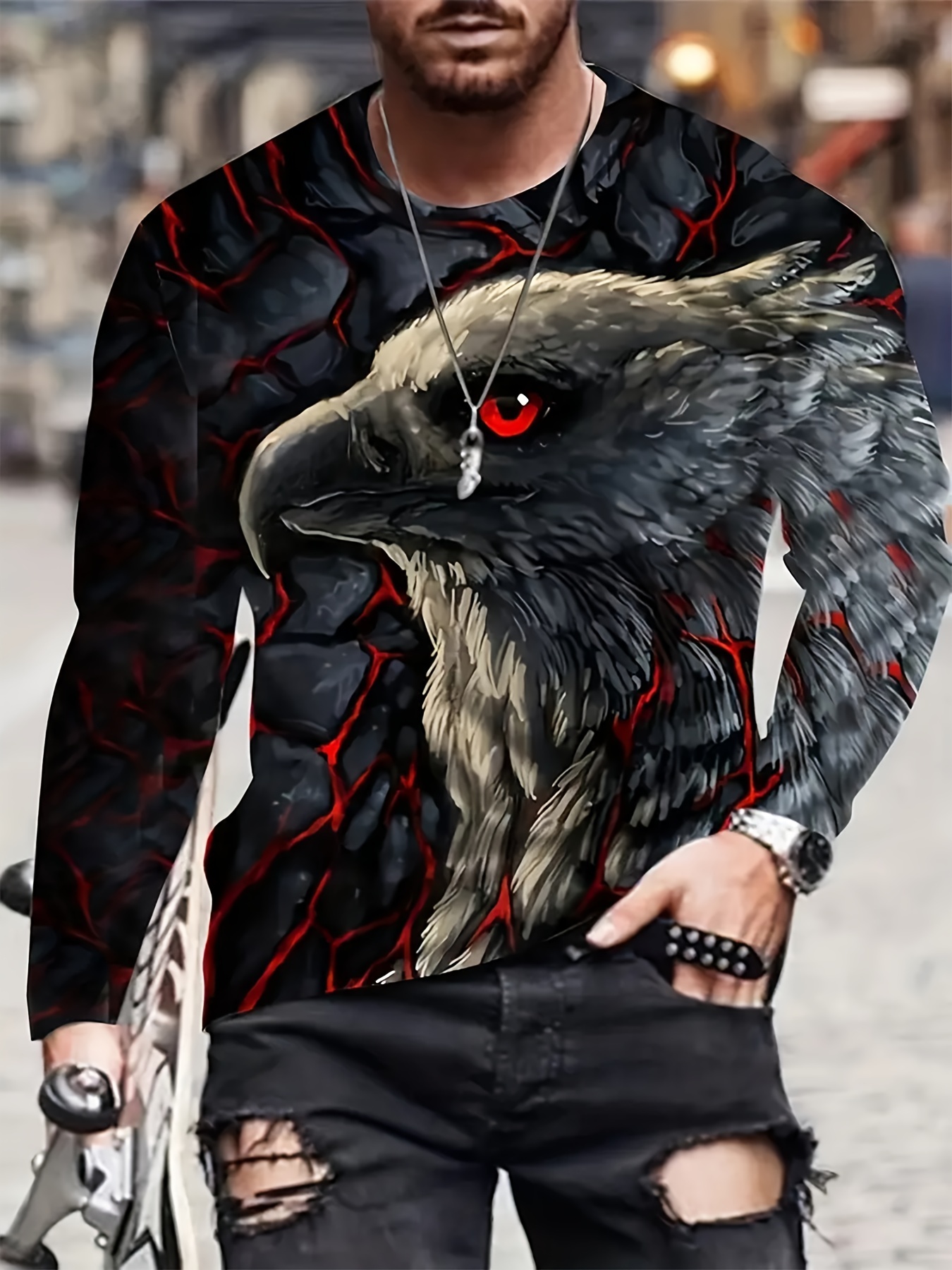 unique eagle pattern print mens graphic design crew neck active t shirt casual comfy long sleeve tshirts mens clothing tops for daily gym workout running details 10