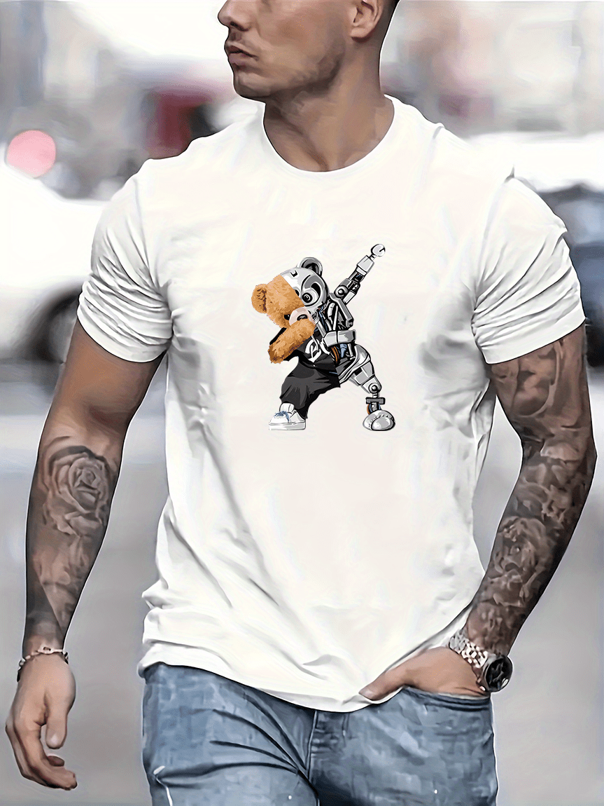 robot bear pattern t shirt mens casual street style stretch round neck tee shirt for summer details 0