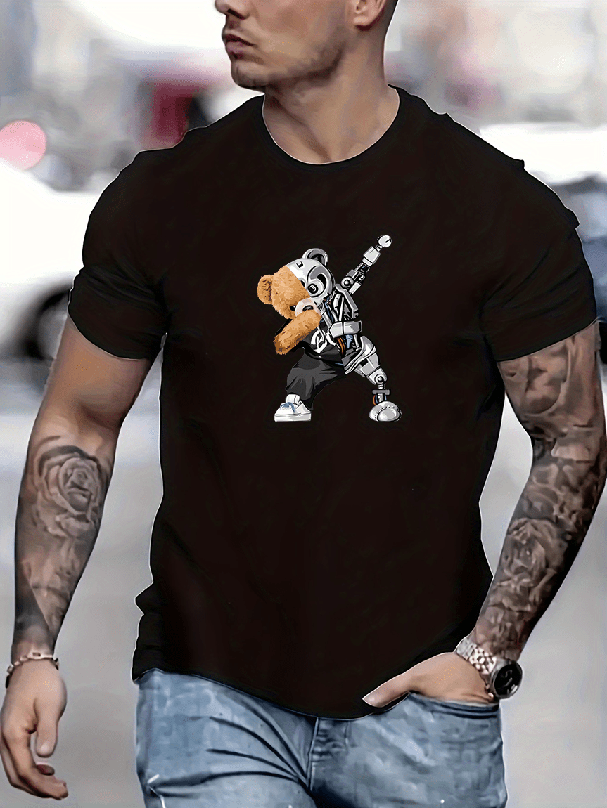 robot bear pattern t shirt mens casual street style stretch round neck tee shirt for summer details 3