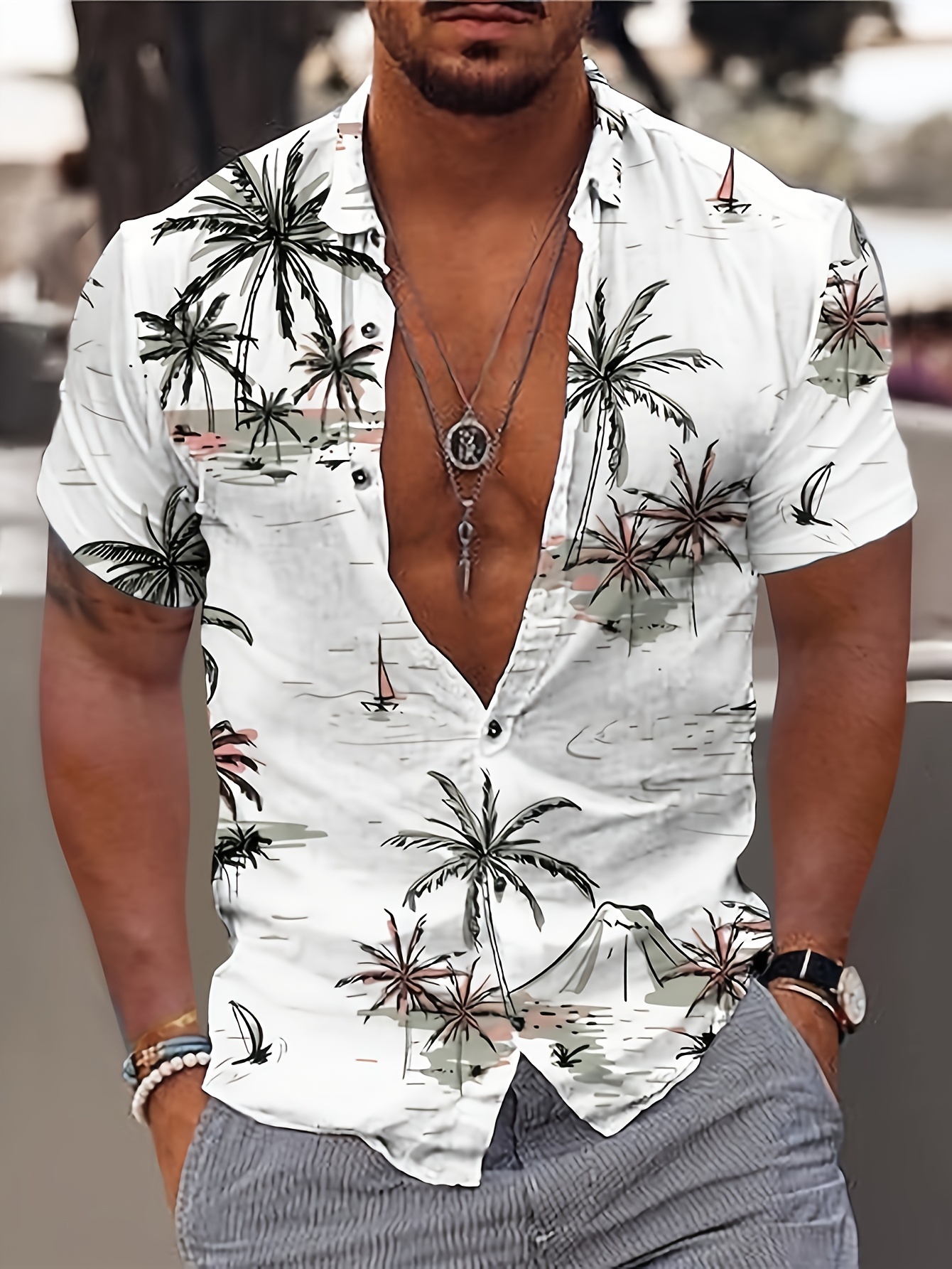 mens shirt top coconut tree print camp collar bowling shirts short sleeve closure summer male casual button up shirt for daily vacation resorts beach shirts for men details 1