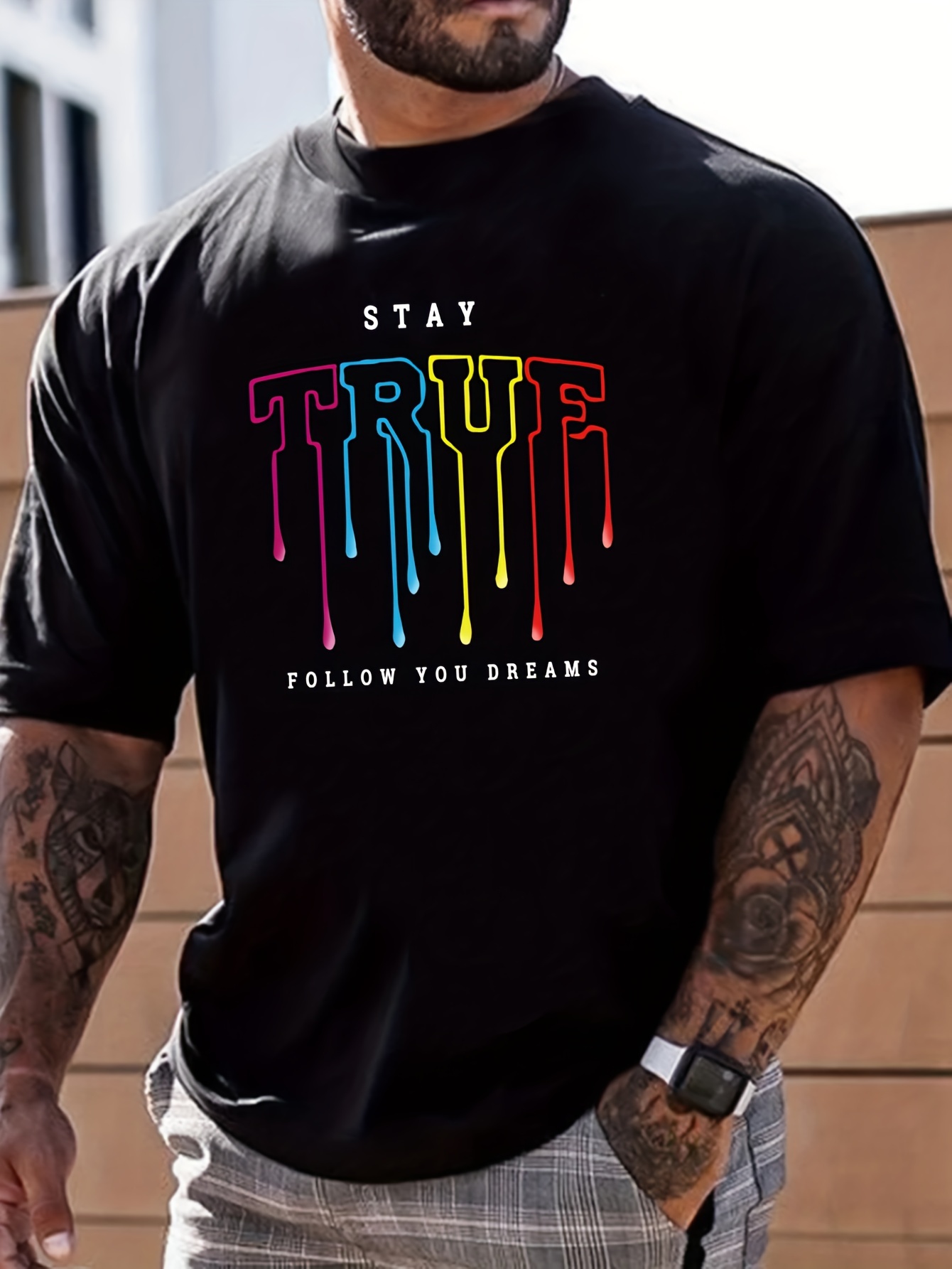 stay ture print mens graphic design crew neck active t shirt casual comfy tees tshirts for summer mens clothing tops for daily vacation workout running training details 3