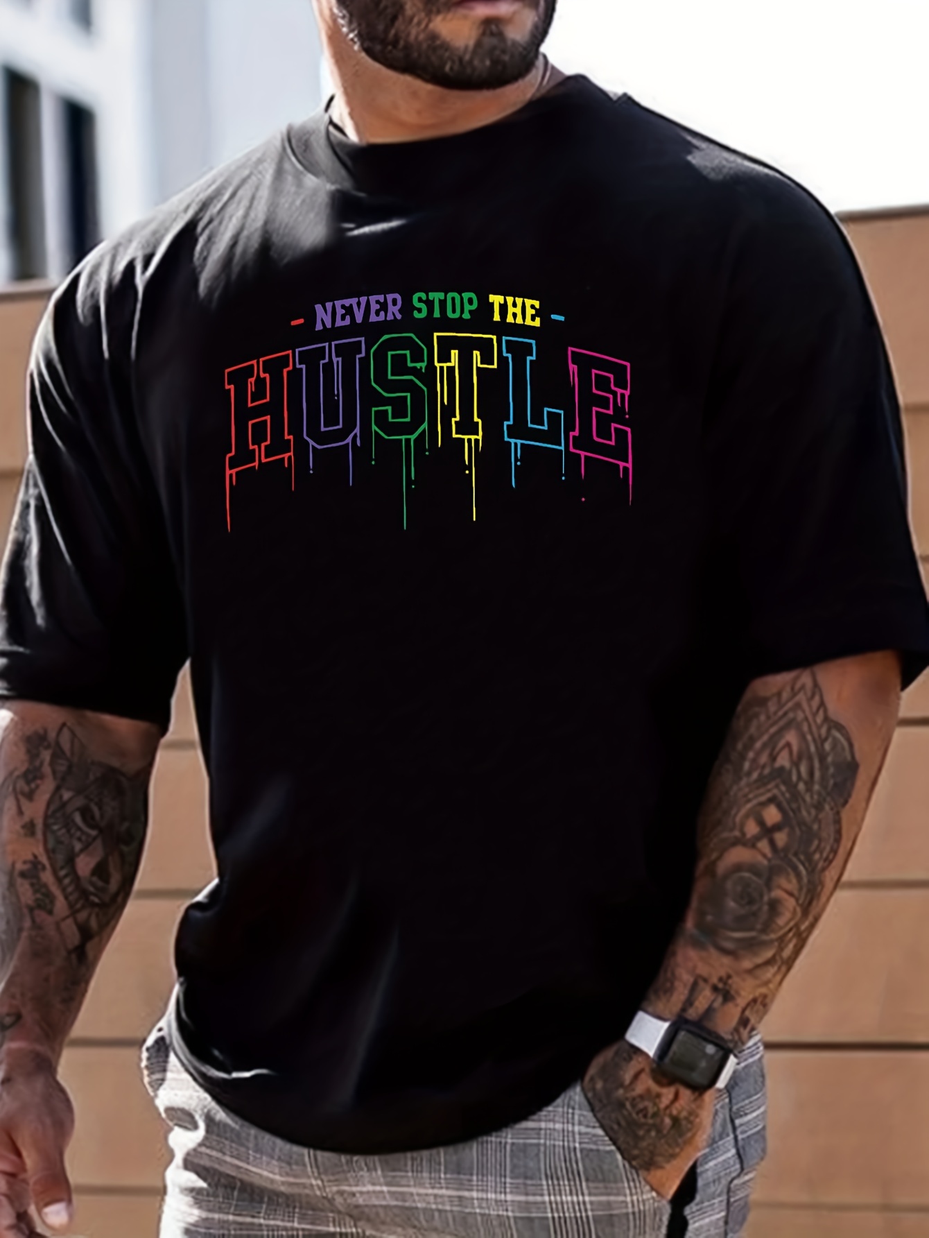 hustle print mens graphic design crew neck niche t shirt casual comfy tees tshirts for summer mens clothing tops for daily vacation resorts details 0