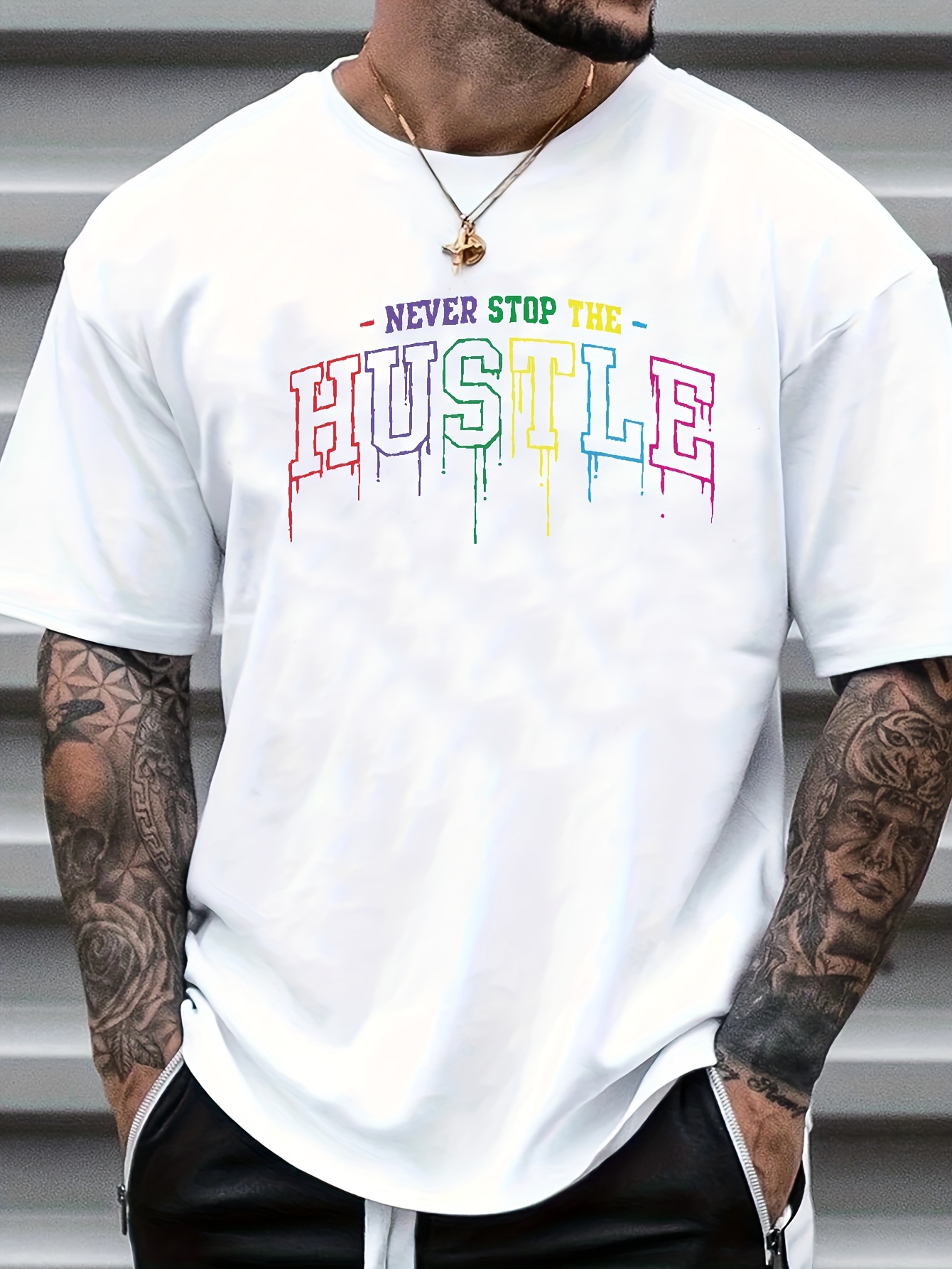 hustle print mens graphic design crew neck niche t shirt casual comfy tees tshirts for summer mens clothing tops for daily vacation resorts details 3