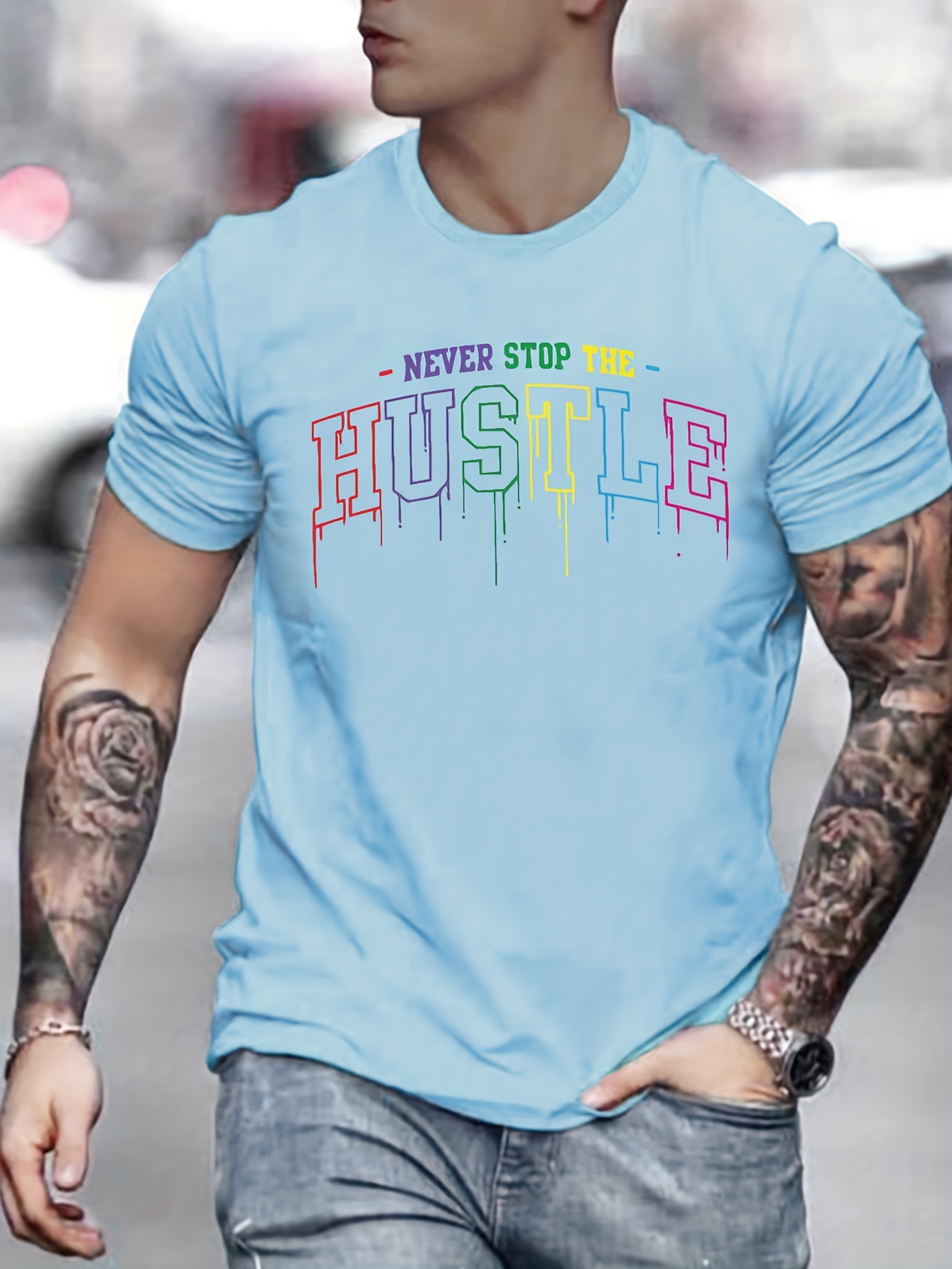 hustle print mens graphic design crew neck niche t shirt casual comfy tees tshirts for summer mens clothing tops for daily vacation resorts details 6