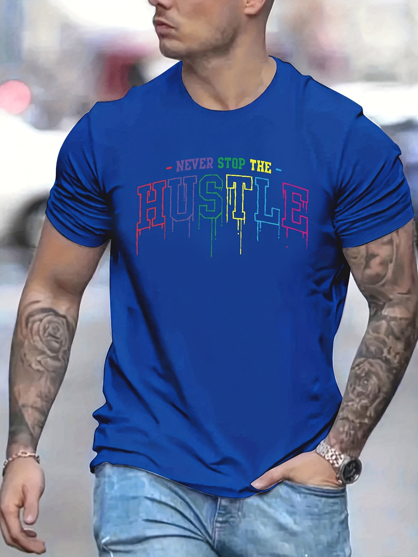 hustle print mens graphic design crew neck niche t shirt casual comfy tees tshirts for summer mens clothing tops for daily vacation resorts details 9