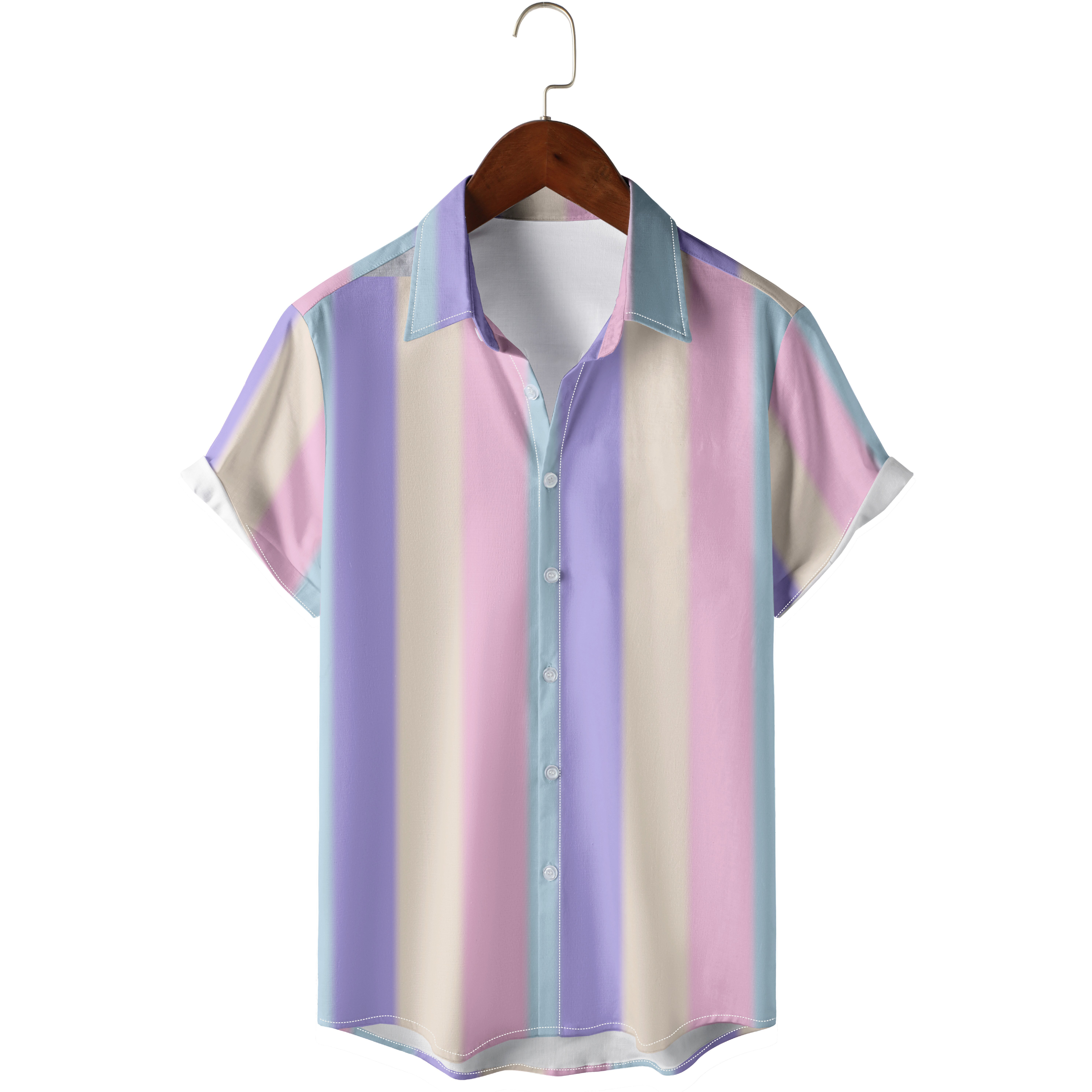 pastel colors stripes print men s button up short sleeve shirt regular fit for beach summer details 0