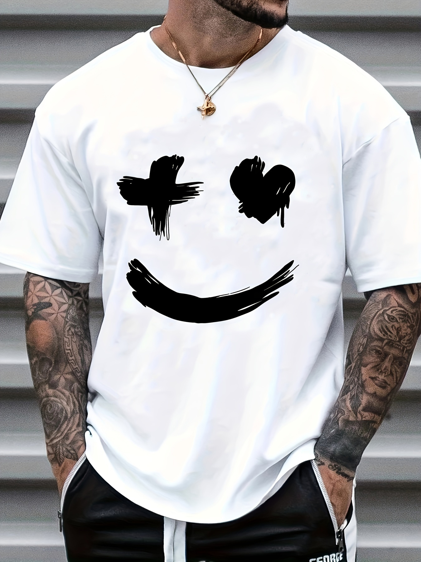 mens casual trendy smile graphic print comfortable crew neck short sleeve t shirts summer top tees details 0