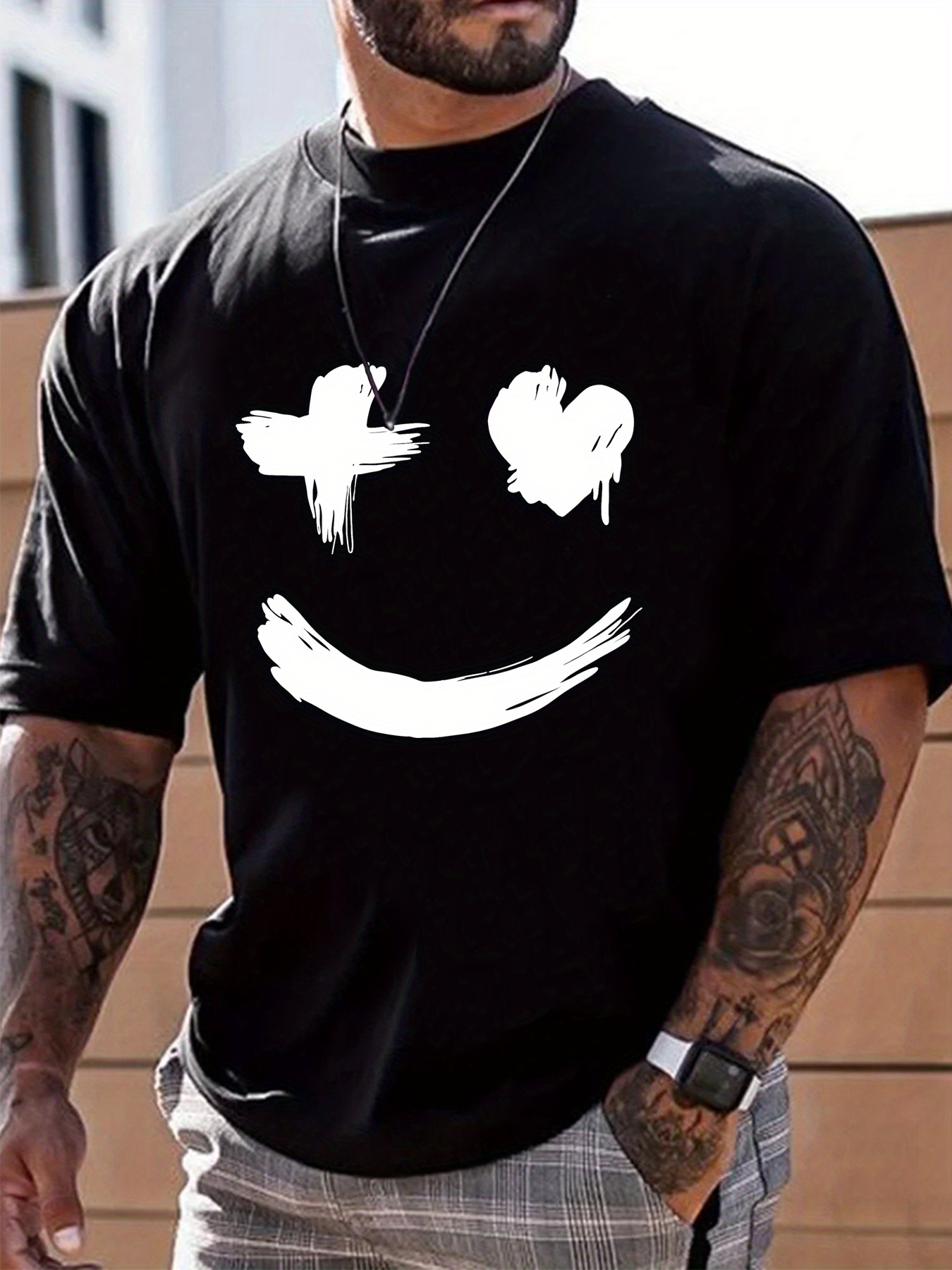 mens casual trendy smile graphic print comfortable crew neck short sleeve t shirts summer top tees details 1