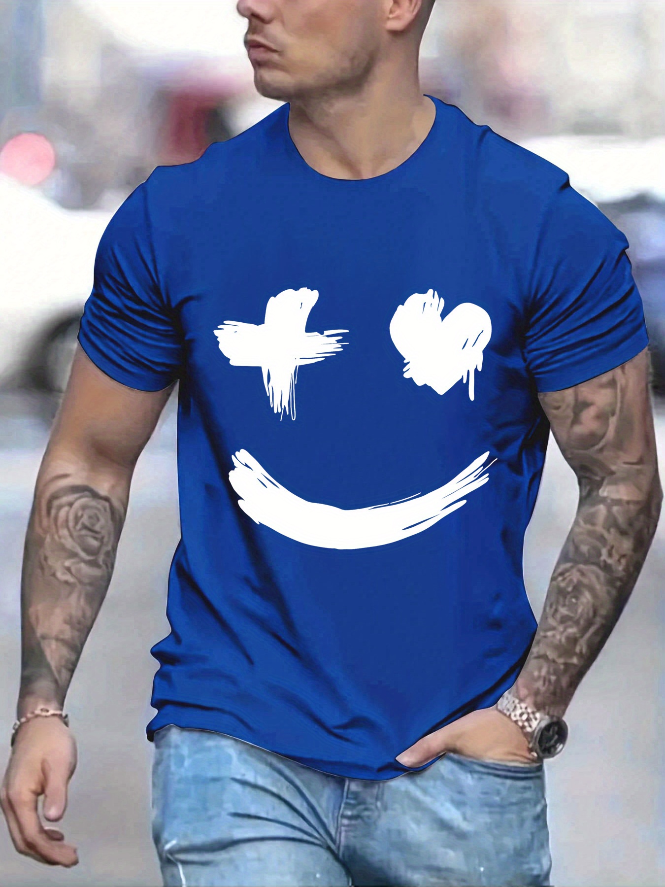 mens casual trendy smile graphic print comfortable crew neck short sleeve t shirts summer top tees details 2