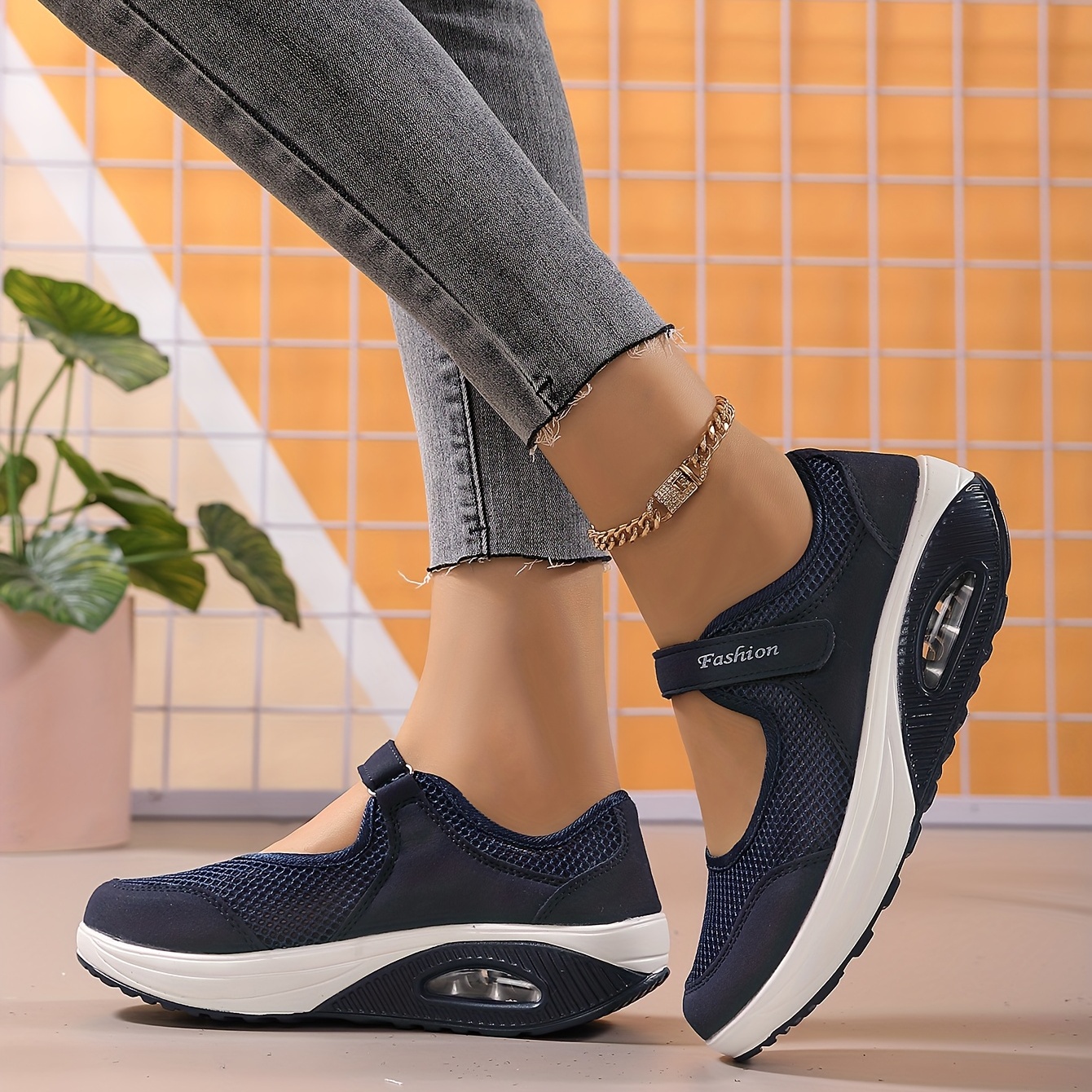 womens solid color mesh sneakers ankle strap slingback platform casual shoes comfy walking low top shoes details 2